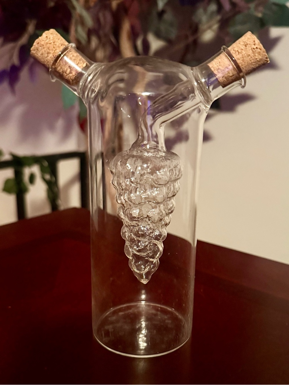 Vintage Double Spout Glass Oil Vinegar Cruet Decanter Grape Cluster Cork Stopper